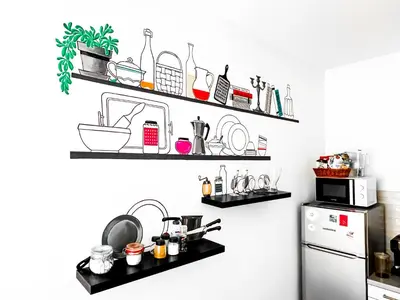 a kitchen with shelves on the wall with dishes at Prime Spot - 2BR -15BTH - Next to Nevsky Church in Sofia