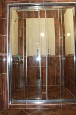 a shower with a glass door in a bathroom at Leshtenski Perli in Leshten