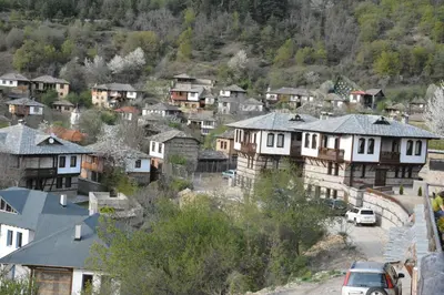 a group of houses in a small town with cars at Leshtenski Perli in Leshten