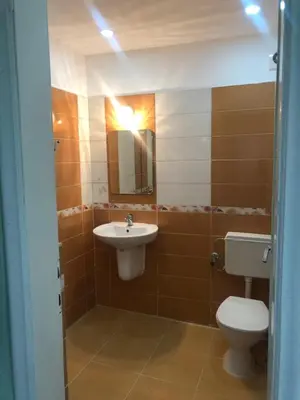 a bathroom with a toilet and a sink and a mirror at City Flat Riverside Maritza in Plovdiv