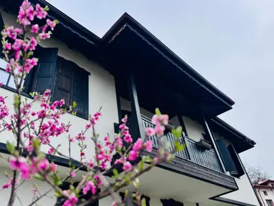 a house with a balcony with pink flowers at Large Cosy House by a Forest - Treehouse, BBQ, Fireplace & Mountain in Sopot