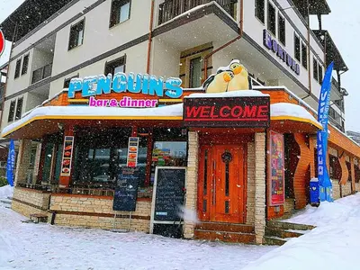 a building with a store with a sign that says penguins dance dinner at ТОП Локация и УЮТ in Bansko