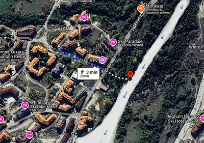 a map showing the approximate location of a resort at Pirin Heights Apartment 200m from SKI ROAD in Bansko
