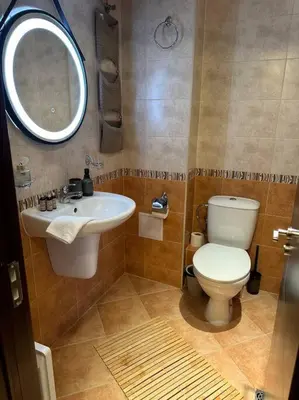 a bathroom with a toilet and a sink and a mirror at Top location unique apartment in Bansko