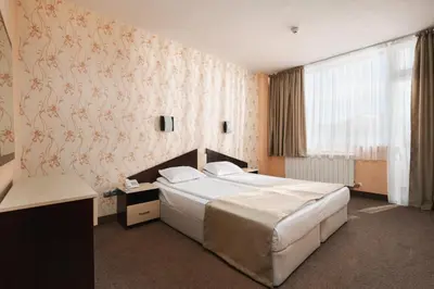 a bedroom with a bed and a large window at Balneocomplex Kamena in Velingrad