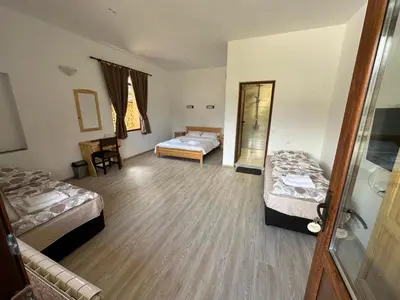 a room with two beds and a mirror at Стаи за гости Куцеви in Devin