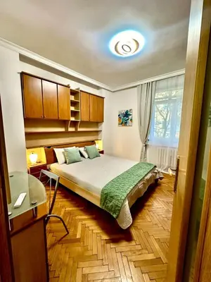 a bedroom with a bed in a room with a window at Venelin Apartment in Sofia