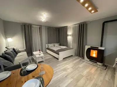 a living room with a couch and a fireplace at Castle Studio 203 Pamporovo in Pamporovo