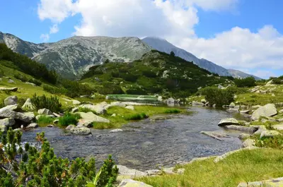 a river in a field with mountains in the background at Belvedere 1Bedroom Apartment with Kitchen in Bansko