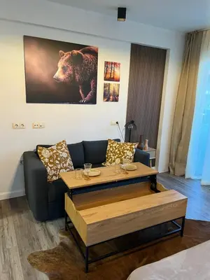 a living room with a couch and a table at Luxury Studio1 in Hotel Friends in Bansko