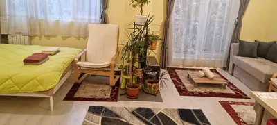 a living room with a bed and a couch at Peaceful studio in the city center, close to subway, Medical University in Sofia