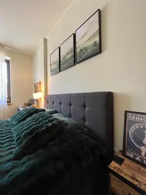 a bedroom with a bed and two pictures on the wall at Exquisite Euphoria apartment for 4 Guests in Borovets Ski Resort in Borovets