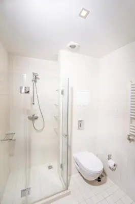 a white bathroom with a shower and a toilet at Large One Bedroom Flat - Mountain Bliss in Borovets