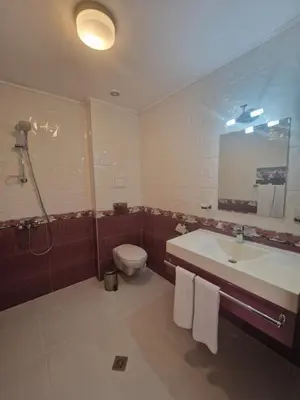 a bathroom with a sink and a toilet and a mirror at Хотел Релакс in Velingrad