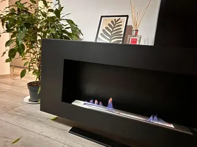 a fireplace in a living room with two potted plants at Apartamento Violette OLD Town Plovdiv in Plovdiv