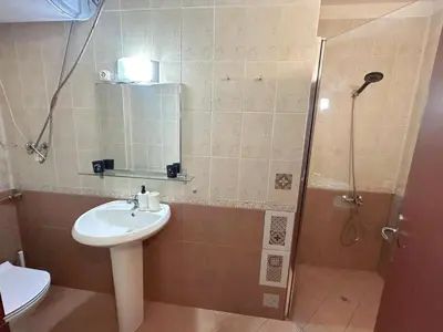 a bathroom with a shower and a sink and a toilet at Nice, Spacious and Cozy Apartment in Sofia