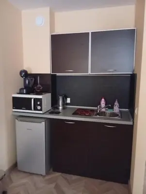 a small kitchen with a sink and a microwave at Florimont Heights Apart Complex in Bansko