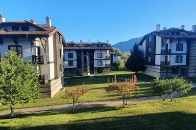 a group of houses with trees in the grass at South Mountain Apartment in Razlog