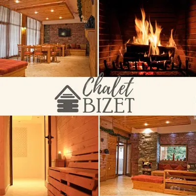 a collage of pictures of a fireplace and a living room at Chalet Bizet cosy home in BANSKO in Bansko