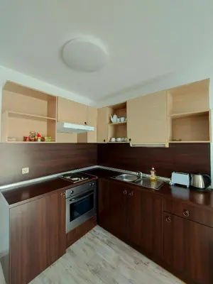 a large kitchen with wooden cabinets and a sink at Dream apart-hotel, duplex apartment in Bansko
