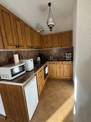 a kitchen with wooden cabinets and a white microwave at Вила Тиара in Stoykite