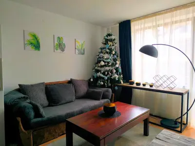 a living room with a christmas tree and a couch at Botanique - Cozy stay with free Bottle of Wine in Bansko