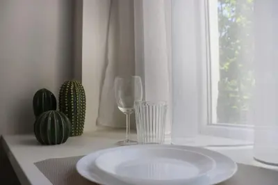 a white plate and a wine glass on a table at Urban Chic Sofia Top Central Location in Sofia