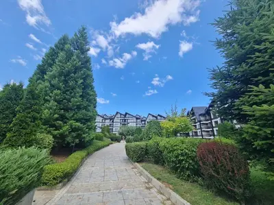 a cobblestone road in a residential neighborhood with houses at 2 Bdr Garden Apt with Spa near Ski and Golf in Razlog