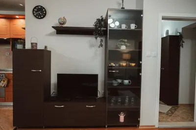 a entertainment center with a television in a living room at Apartment Rhea with Terrace & Parking in Plovdiv