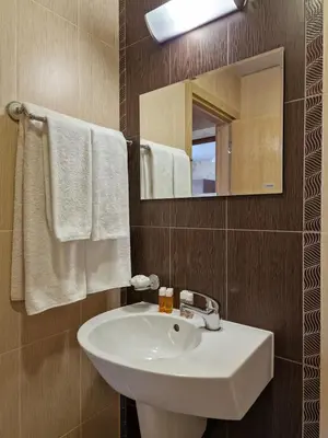 a bathroom with a sink and a mirror and towels at Айляк Клуб Хисаря - Бутиков Хотел&СПА с Elegant Ultra All Inclusive in Hisarya