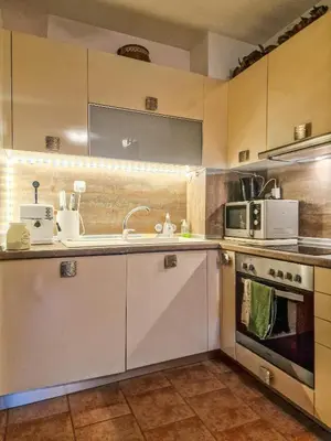 a kitchen with a sink and a microwave at Cozy 2-Bedroom Stay with Parking in OLD INN Bansko by Flat Mаnager in Bansko