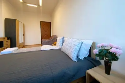 a bedroom with a large bed with a vase of flowers at Sofia Office Loft in Sofia