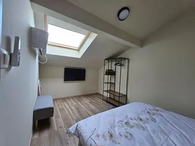 a bedroom with a bed and a skylight at CROWN Apartment Bansko in Bansko