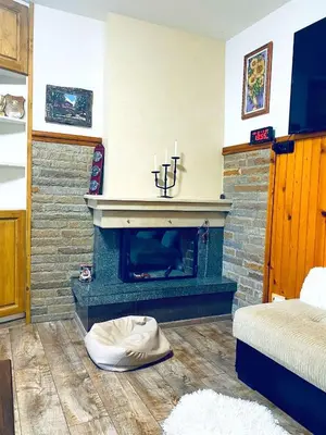 a living room with a fireplace and a bed at Къща за гости Василеви in Bratsigovo