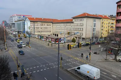 an aerial view of a city intersection with a white van at Contemporary Vintage, 3BDR Grace Suite in Sofia