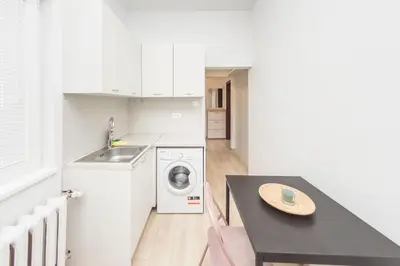 a kitchen with a washing machine and a table at Sofia Center - Vitoshka apartment in Sofia