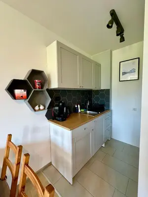 a kitchen with a sink and a counter top at Хубавото място - Ski & Relax next to Pamporovo in Smolyan