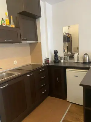 a kitchen with dark brown cabinets and a sink at Bansko Royal Towers Apartment - top location in Bansko
