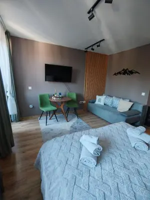 a bedroom with a bed and a table and a couch at Mountain studio ASP E63 Borovets Gardens in Borovets
