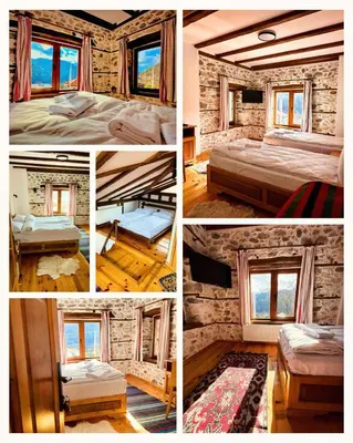a collage of four pictures of a bedroom at Villa Martina in Smilyan