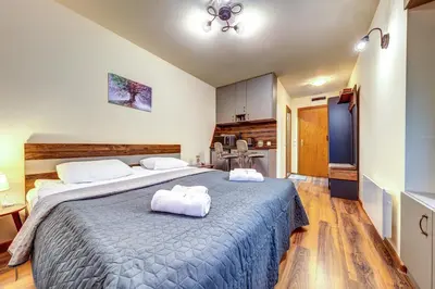 a bedroom with a large bed with two towels at Cozy Studio in Grand Resort Pamporovo by Flat Manаger in Pamporovo
