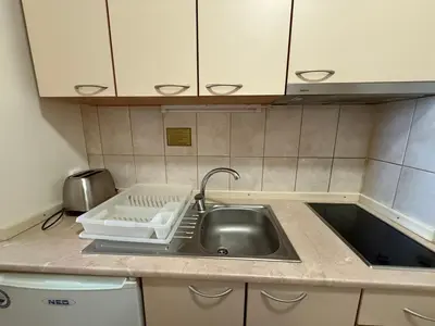 a kitchen sink with a dish drying rack next to it at Apartment for 6 in Flora main building - prime location! in Borovets