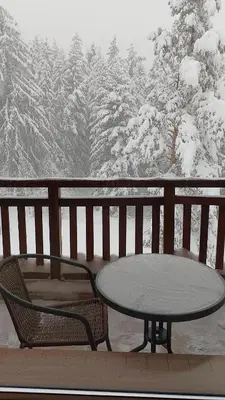 a table and chairs on a balcony with snow covered trees at Студио 36 - Семирамида, Боровец in Borovets