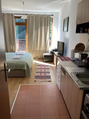 a living room with a bed and a kitchen at Студио 36 - Семирамида, Боровец in Borovets
