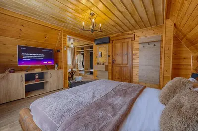 a bedroom with a large bed and a television at Rich House Velingrad in Velingrad