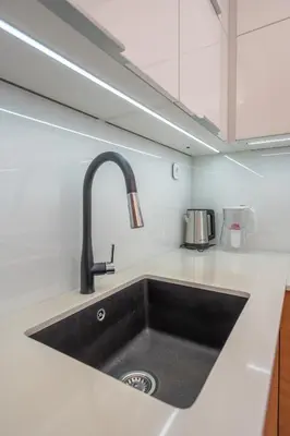 a kitchen with a black sink in a kitchen at Green Haven in Sofia