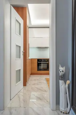 a cat statue sitting in a hallway next to a door at Green Haven in Sofia