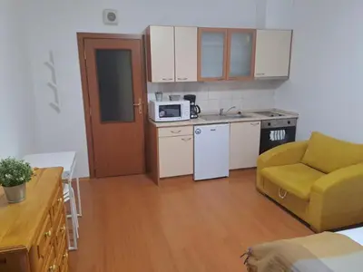 a small kitchen with a couch and a microwave at FLORA Apartment Hotel STUDIO 411 in Borovets