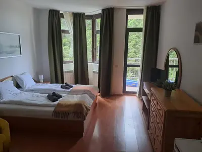 a bedroom with a bed and a dresser and windows at FLORA Apartment Hotel STUDIO 411 in Borovets