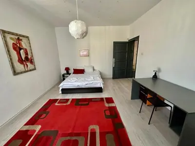 a bedroom with a red rug and a bed and a desk at Downtown Serenity Apartment in Sofia